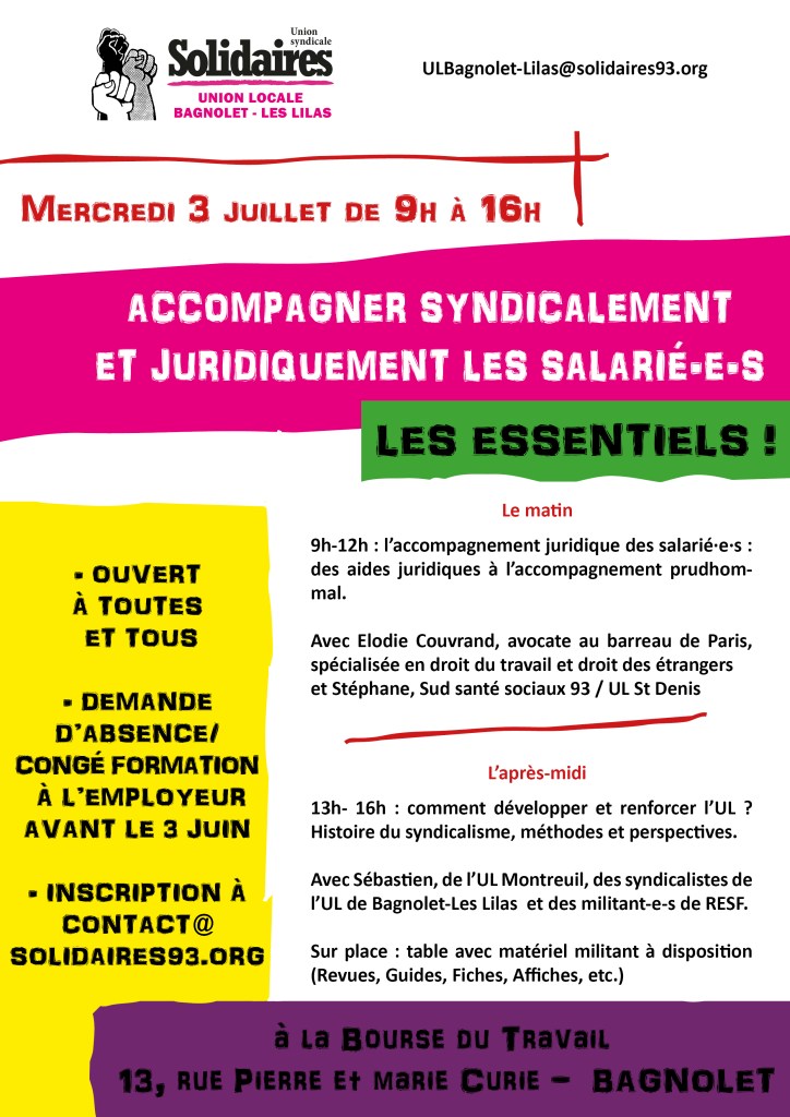 Stage syndical à Solidaires Bagnolet, le mercredi 3 juillet.
