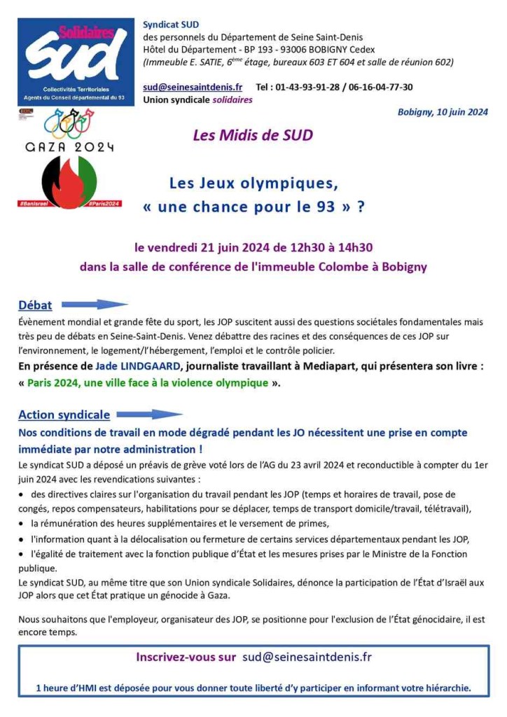 Les Jeux Olympiques &laquo;&nbsp;une chance pour le 93&nbsp;&raquo; ? Vendredi 21 juin à Bobigny, les Midis de SUD Conseil départemental 93