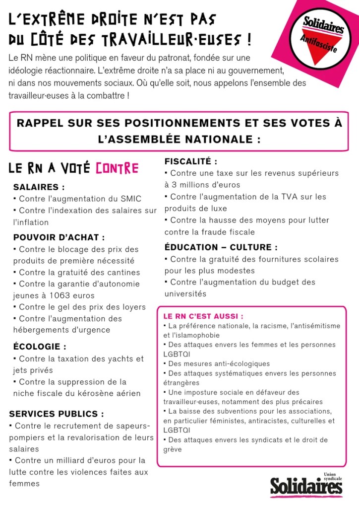 Tract &laquo;&nbsp;L&rsquo;extrême-droite n&rsquo;est pas du côté des travailleurs et travailleuses&nbsp;&raquo;.