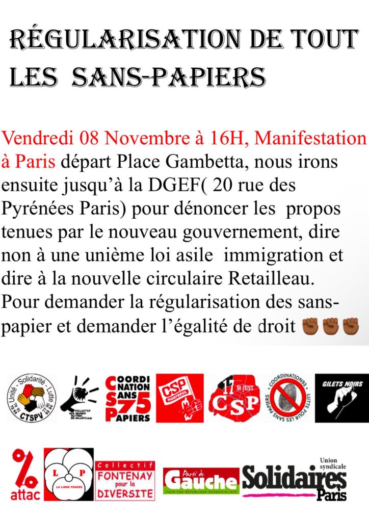 Manifestation à l&rsquo;appel des collectifs des sans-papiers le vendredi 8 novembre 2024 à Paris.