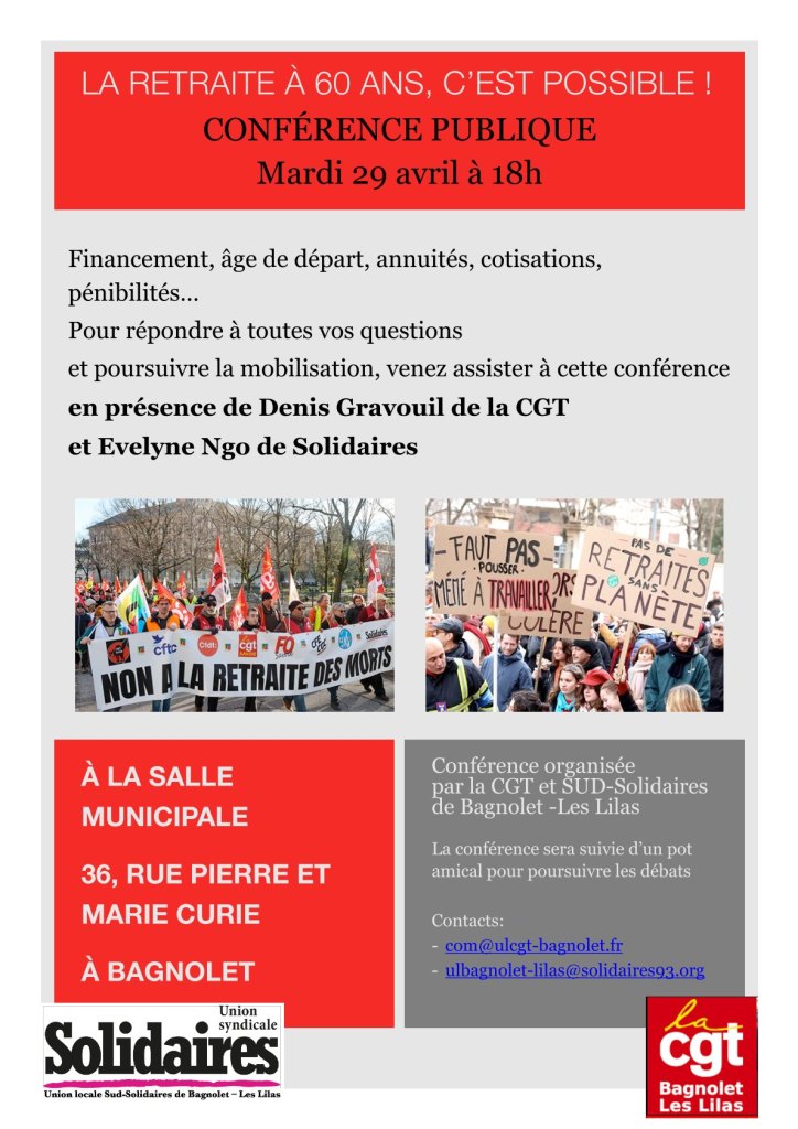 Conférence sur les retraites, Bagnolet le 29 avril.