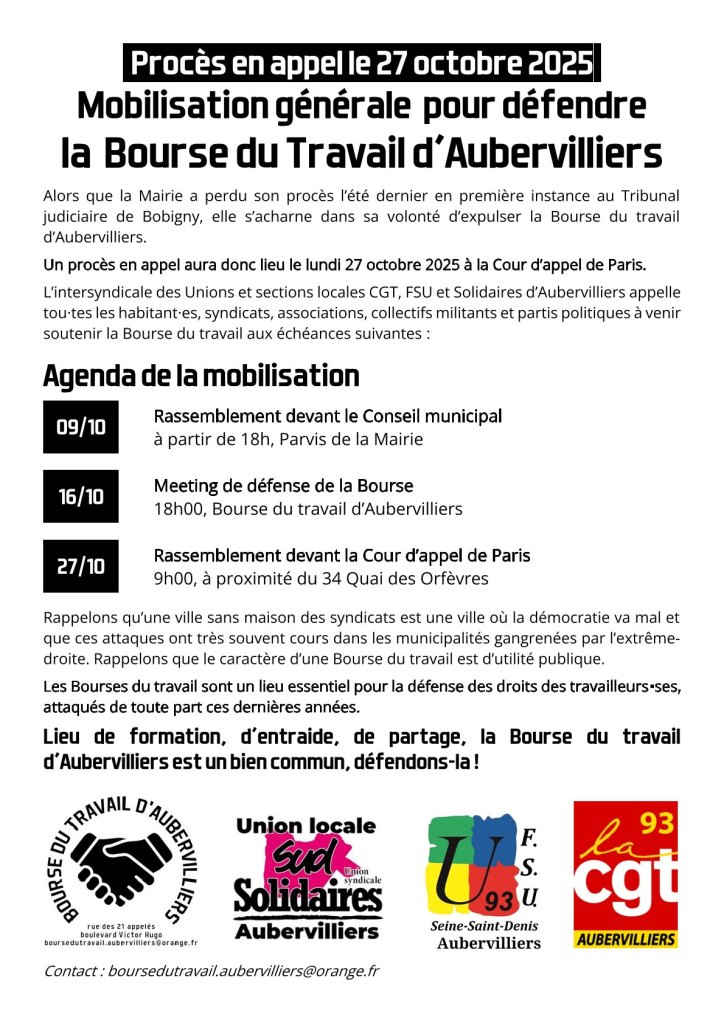 Procès en appel de la Bourse du travail d&rsquo;Aubervilliers le 27 octobre 2025.